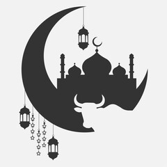 Eid al-Adha Celebration with Mosque and Crescent Moon Silhouette 