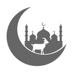 Eid al-Adha Celebration Crescent Moon with Goat and Mosque Silhouette 