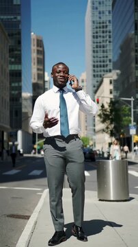 Cheerful African American businessman smiling while talking on his mobile phone in a city downtown, vertical shot