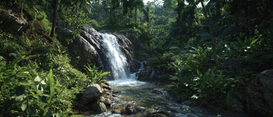 Tropical Waterfall Hidden in Lush Jungle Surrounded by Dense Green Foliage and Untouched Nature