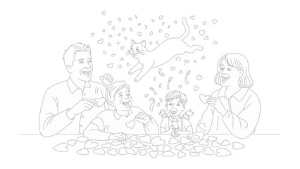 Obraz premium Family's Joyful Playtime: A family rejoices with playful hearts and a cat, celebrating the playful moment with hearts. 