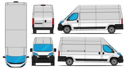 Vector illustration of a white commercial delivery van displayed from multiple perspectives including top, side, front, and rear views, perfect for branding mockups and logistical vehicle designs.
