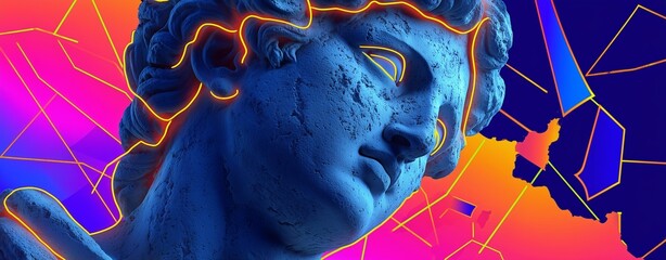Enlightened Ancient Sculpture: A stunning sculpture of a classic Greek bust, rendered in vibrant neon, signifying intellectual awakening.