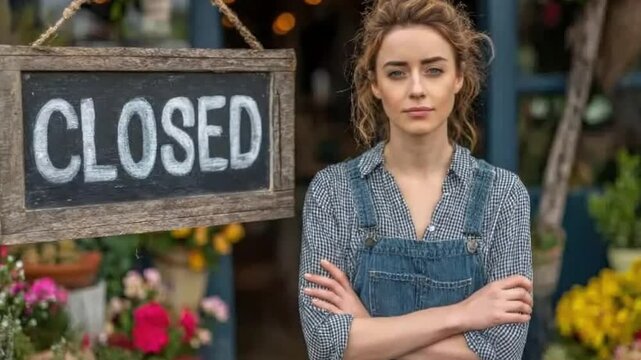 A determined young female small business owner stands resolutely in front of her retail establishment, a prominent "CLOSED" sign hanging clearly in the foreground. Her serious and composed expression 