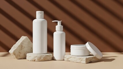 Naklejka premium White cosmetic bottles on beige stone pedestals white bottles beige background brown shadows