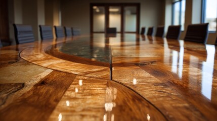 Modern business conference table closeup with documents, laptop, and office accessories in professional meeting room setting