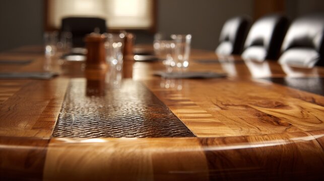 Modern business conference table closeup with documents, laptop, and office accessories in professional meeting room setting - Powered by Adobe