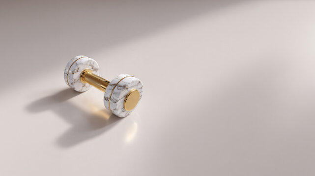 single luxury designer dumbbell featuring polished white Carrara marble plates and a gold chrome handle resting on a seamless white surface against a soft neutral grey background.