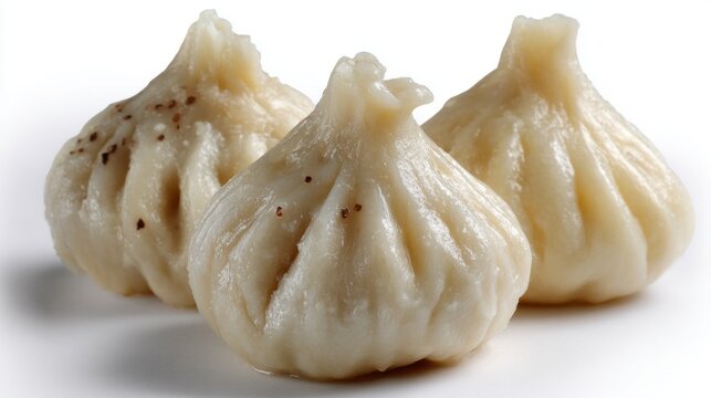 Three soft, doughy modaks sit invitingly on a clean white surface, perfect for a festive occasion. Their delicate, pleated design showcases traditional craftsmanship and flavor