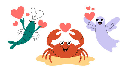 Fototapeta premium Aquatic Love Trio: An adorable cartoon ensemble of a shrimp, a crab, and a ghost, each holding a heart, radiate love and friendship. Perfect for conveying warmth and affection.