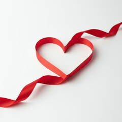 Red ribbon forming a heart shape on white background for love and Valentine's Day