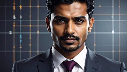 Intense businessman with a determined gaze and modern background.