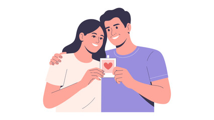 Obraz premium Couple in Love with Heart Photo: A loving couple embraces, gazing at a cherished photo depicting a heart, a symbol of their bond and affection.