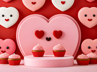 Adorable Heart-Faced Cupcakes on Red Valentine's Background