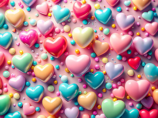 Colorful Pastel Heart Candies Scattered on Pink Background &ndash; Valentine's Day Love Concept