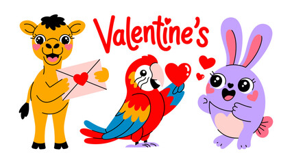 Fototapeta premium Valentine's day love: Sweet Valentine's day illustrations features adorable cartoon animals, including a camel, parrot, and bunny, celebrating love with a heart and an envelope.