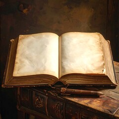 An aged, open book with blank pages resting on a textured surface under soft, diffused lighting