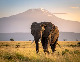 An elephant marches across a grassy savanna, mountain backdrop