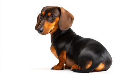 Dachshund Sitting with Its Back Turned and Head Facing Forward on White Background