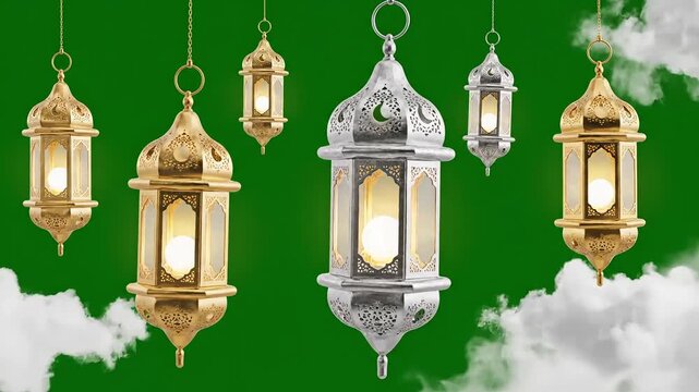 Hanging lanterns in gold and silver with green background and clouds