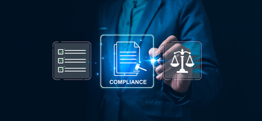 Hand holding a document icon showing successful compliance and quality assurance. concept represents risk management, legal policy, and data protection in modern corporate technology.