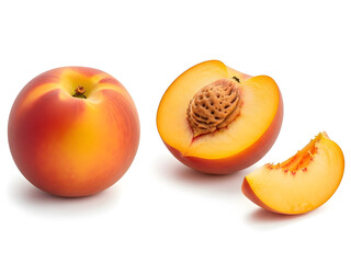 A whole peach and its sliced sections revealing the seed on white background