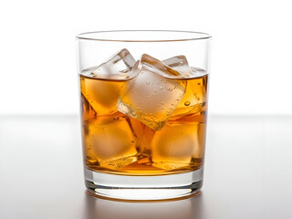 A refreshing glass of whiskey with ice cubes on white background