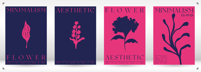 Trendy Groovy Vector Illustration Set in Matisse style. Floral Retro Art Card.  Plants, flowers and leaves in hand drawn style.