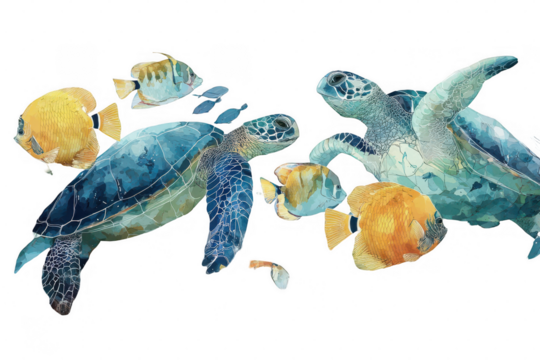 A blue and yellow turtle is swimming with a yellow fish - Powered by Adobe