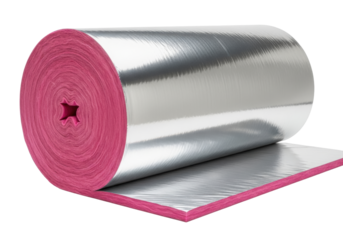 Bright pink mineral wool insulation roll with reflective aluminum foil barrier, showing dense fibrous texture on a transparent studio background, medium shot. Concept of energy efficiency