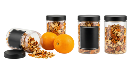 Dried Orange Peel in Jars with Fresh Oranges - Food Ingredient