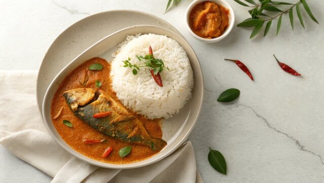 Nasi dagang, creamy coconut rice paired with spicy fish curry