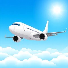An airplane soars above fluffy clouds in a bright, sunny sky. The plane is white with dark engines and cockpit windows