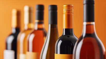 A delightful assortment of beautifully designed wine bottles stands neatly in a row, showcasing various colors and shapes. The warm background enhances their rich hues, inviting appreciation