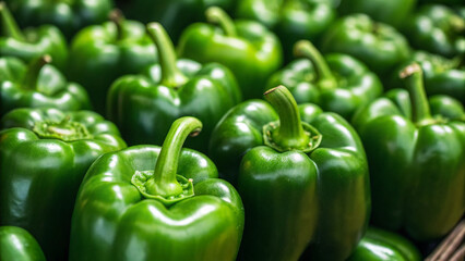 Fresh green peppers arranged neatly on display at a market during the daytime in a bustling urban area