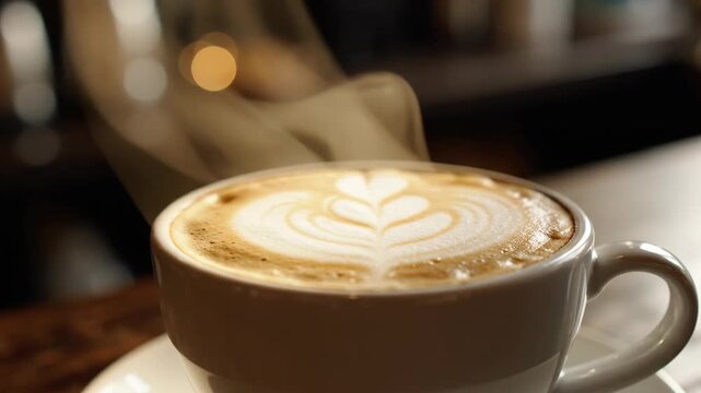 Aromatic Coffee Art - Steaming Latte in a Cozy Cafe.