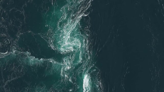 Powerful Tidal Currents Twist and Surge Into Foaming Whirlpools, Revealing the Raw Force of the Sea at Saltstraumen, Norway - Aerial Topdown Shot