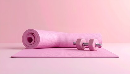 a pink yoga mat with a roll and two pink dumbbells on it