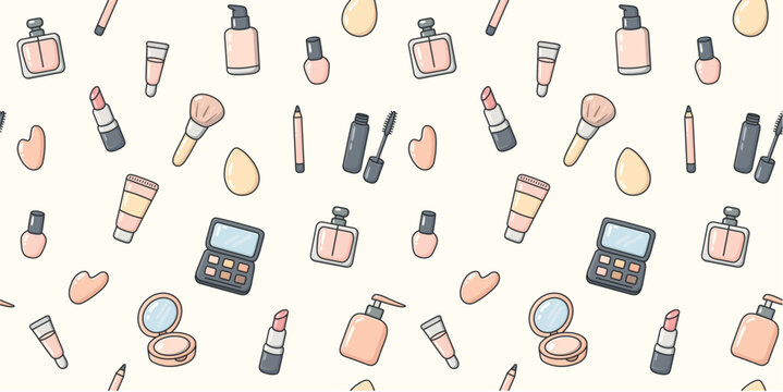 Seamless repeating horizontal pattern with hand drawn cosmetic and makeup icons. Beauty background for packaging, branding, fashion design, websites, social media and print projects. Vector