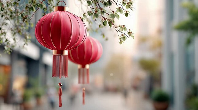 Rote chinesische Laternen als festliche Dekoration im Au&szlig;enbereich
