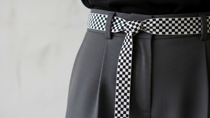 Close-up of a person wearing stylish grey trousers with a checkered belt.