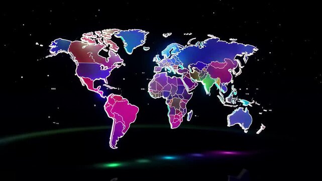 Global map display with color coding indicating different regions and groups during a presentation event
