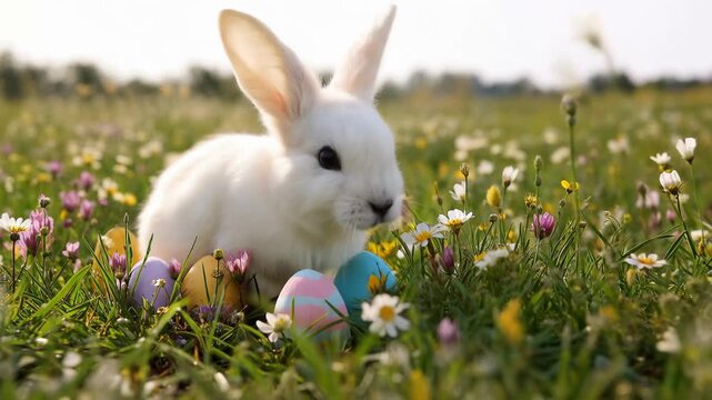 White rabbit sits among colorful eggs in a field of flowers during springtime in a sunny afternoon