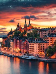 Fototapeta premium Waterfront city skyline at sunset, colorful buildings