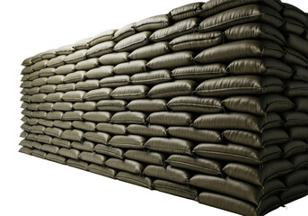 massive wall of stacked olive drab nylon sandbags, ultra-detailed texture and weight emphasized by cinematic lighting and hard shadows, against a high-key white studio background. Concept of absolute
