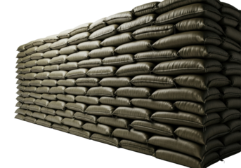 massive wall of stacked olive drab nylon sandbags, ultra-detailed texture and weight emphasized by cinematic lighting and hard shadows, against a high-key white studio background. Concept of absolute