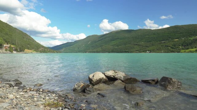 Calm View Of Ottadalen Valley And Otta River Near Lom, Norway. Static Shot