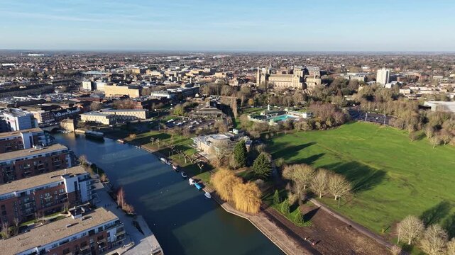 River Nene Peterborough Cambridgeshire UK City in background drone,aerial