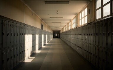 Long empty school hallway with rows of metal lockers and sunlight streaming through windows creating dramatic shadows.