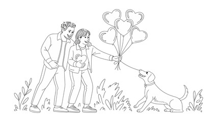 Obraz premium Love in the Air: An illustration portrays a heartwarming scene of a couple gifting heart-shaped balloons to their loyal canine companion, symbolizing love, friendship, and joy. 